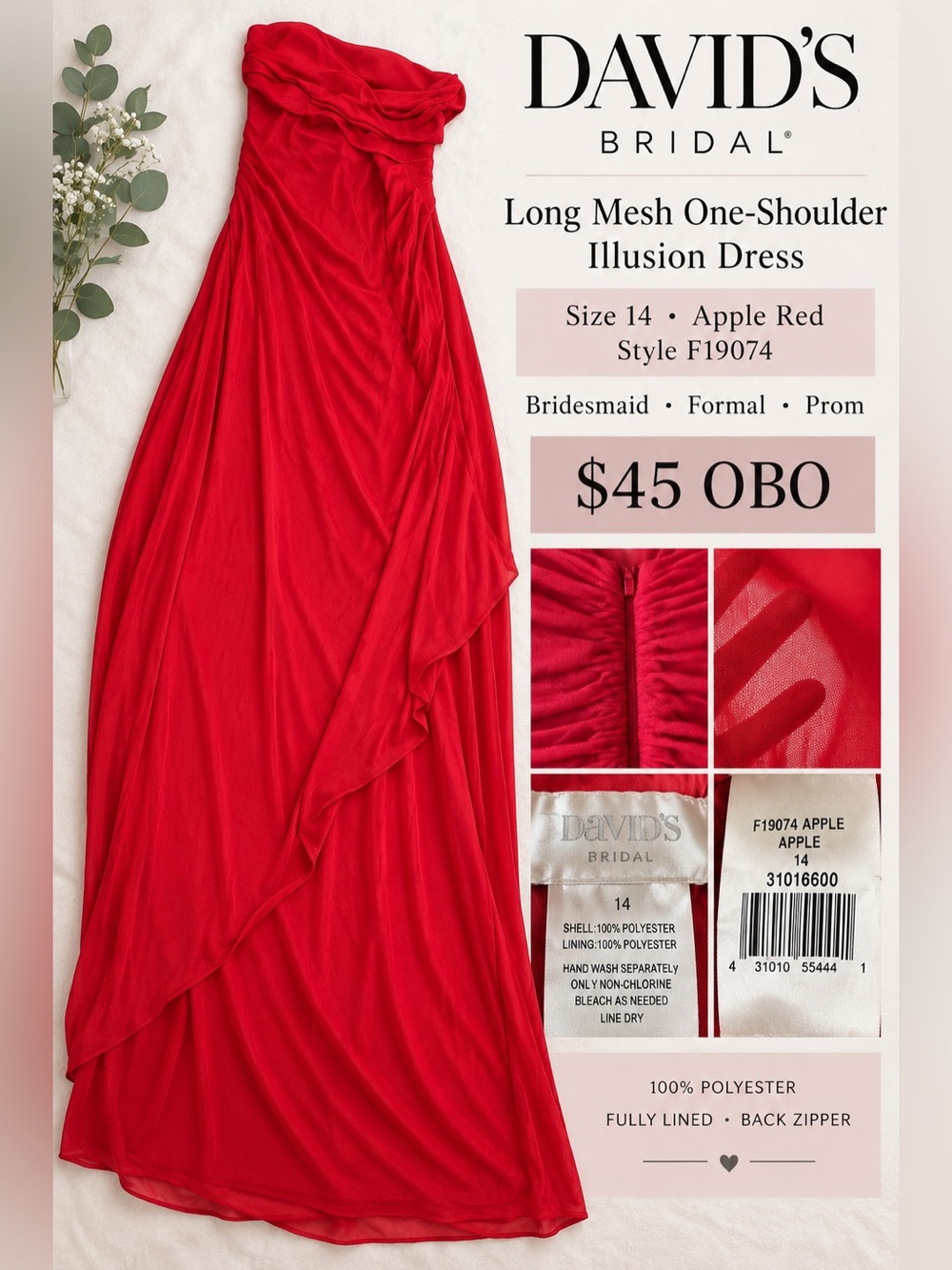 Apple Red One-Shoulder Mesh Illusion Evening Gown
